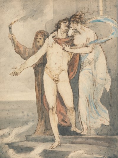 Leander nimmt Abschied von Hero, bevor er zurück über den Hellespont schwimmt von William Hamilton